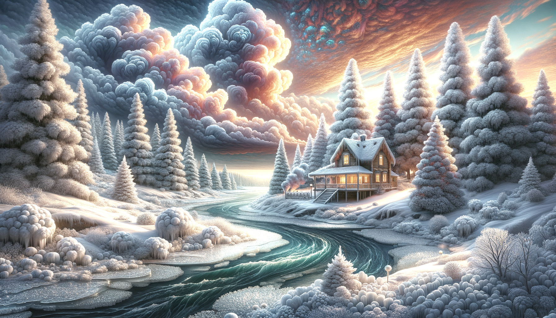 Winter landscape: cozy house, snow-covered trees, frozen river, illuminated clouds