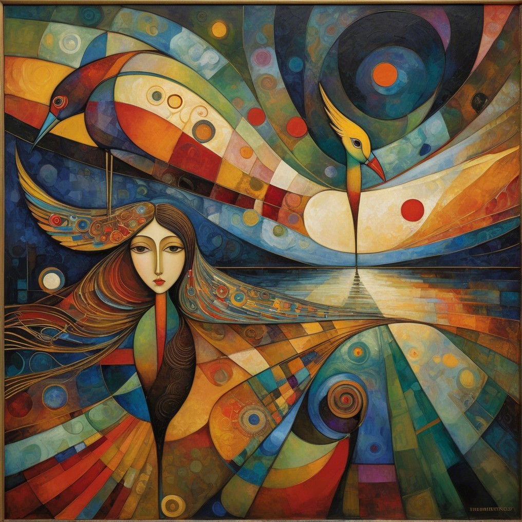 Vibrant Abstract Composition with Stylized Woman