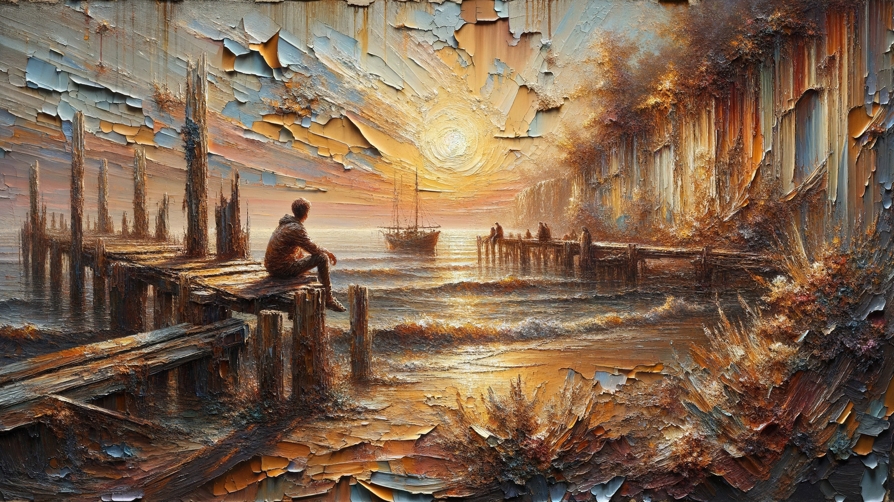 Serene Sunset Over Calm Sea with Figures and Sailboat