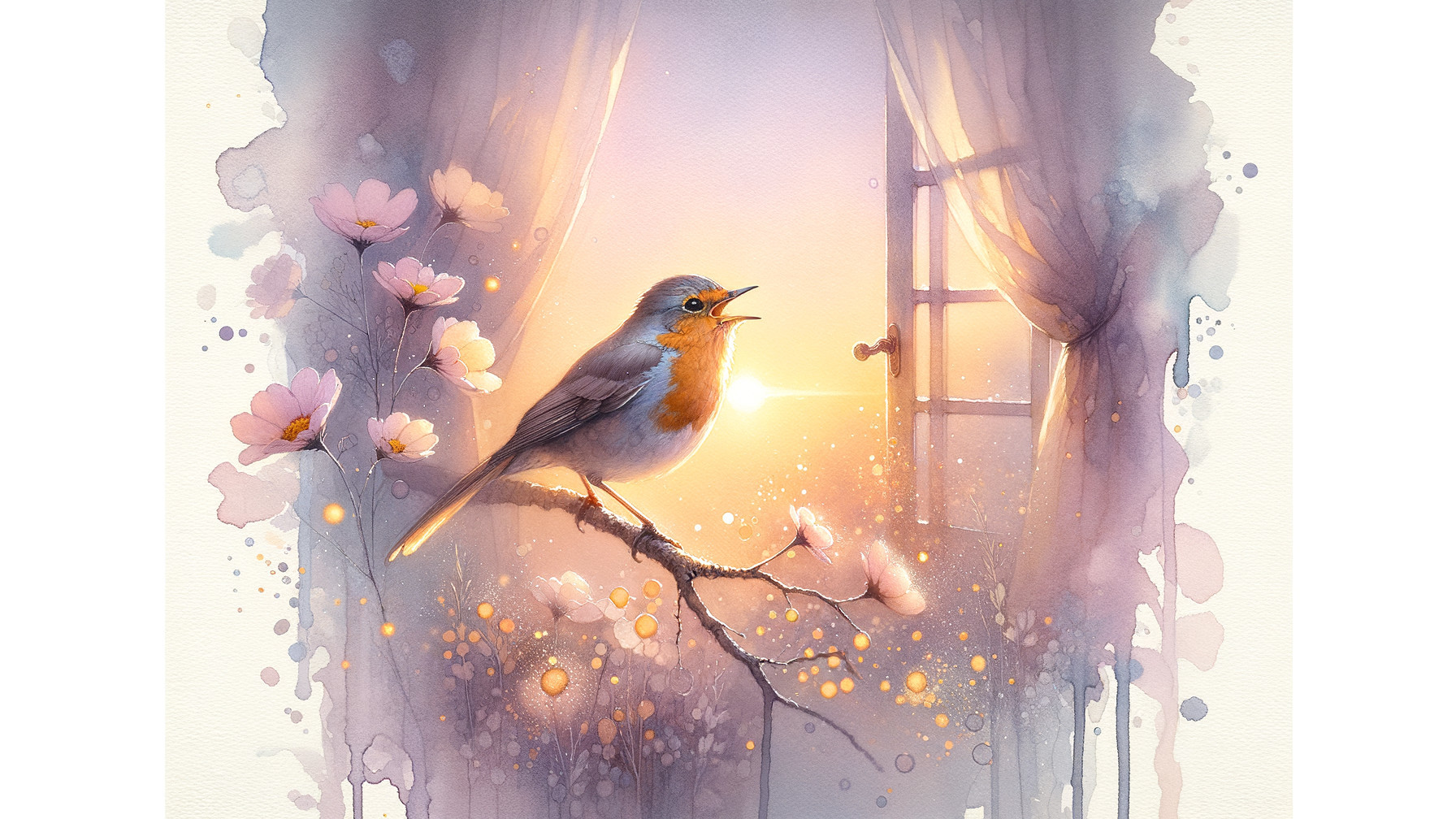 Whimsical Watercolor of Bird with Sunset Background