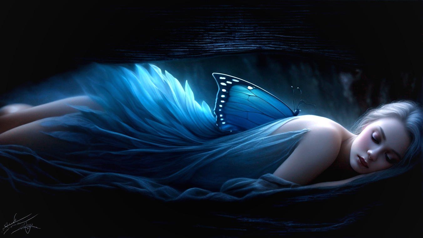Woman with Butterfly Wings in Dreamlike Setting