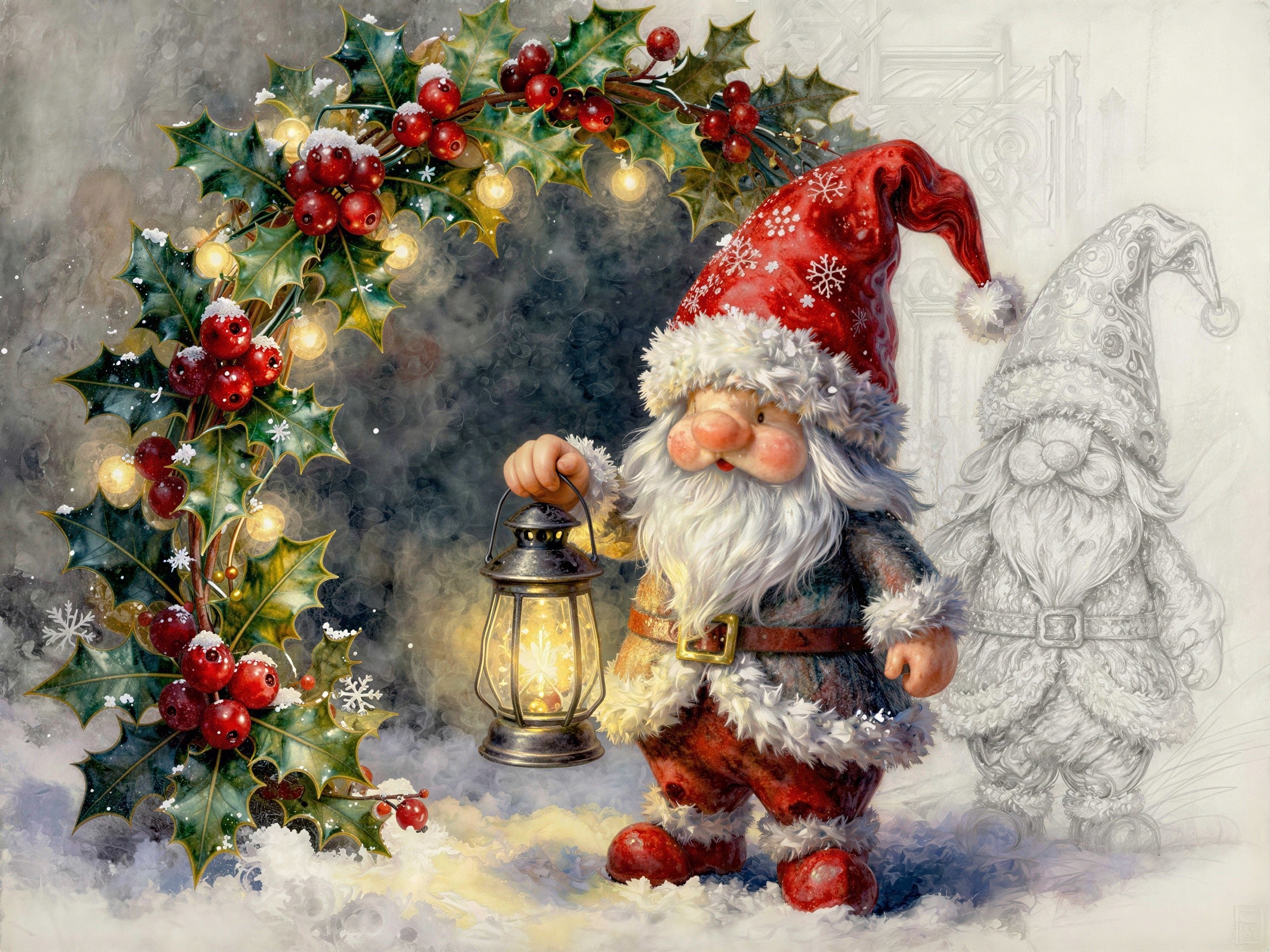 Gnome in Santa Hat with Lantern and Holly Branch