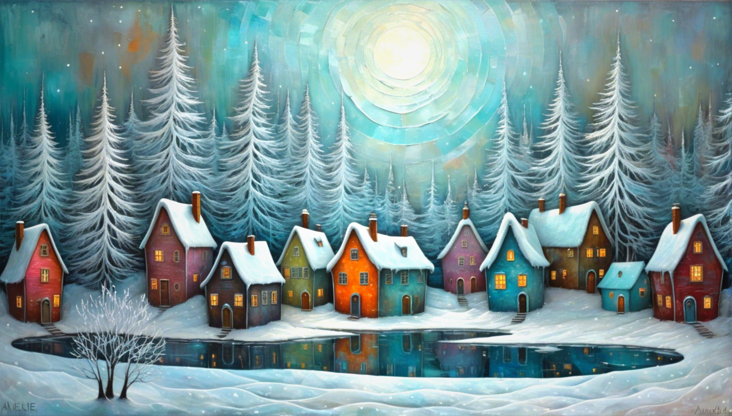 Whimsical Painting of a Snowy Frozen Village Scene