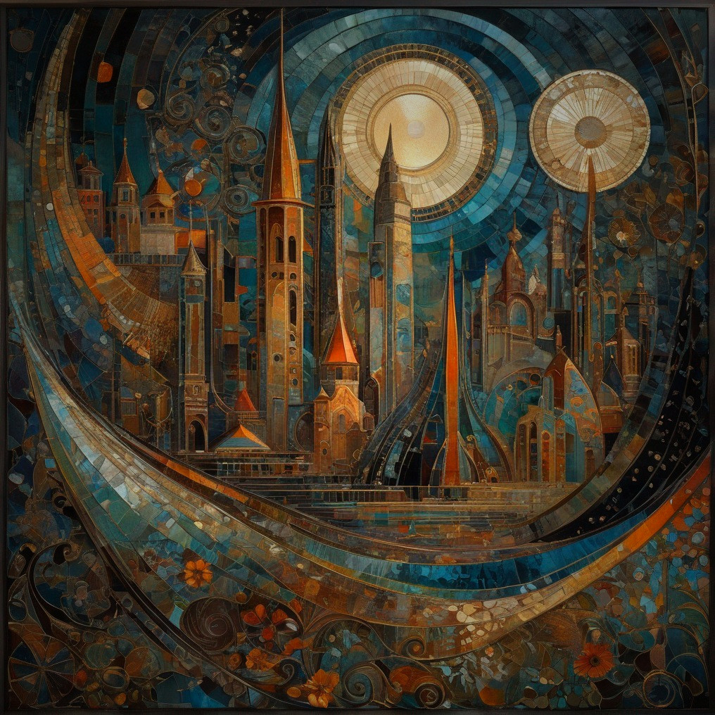 Fantastical Cityscape with Geometric Shapes and Colors