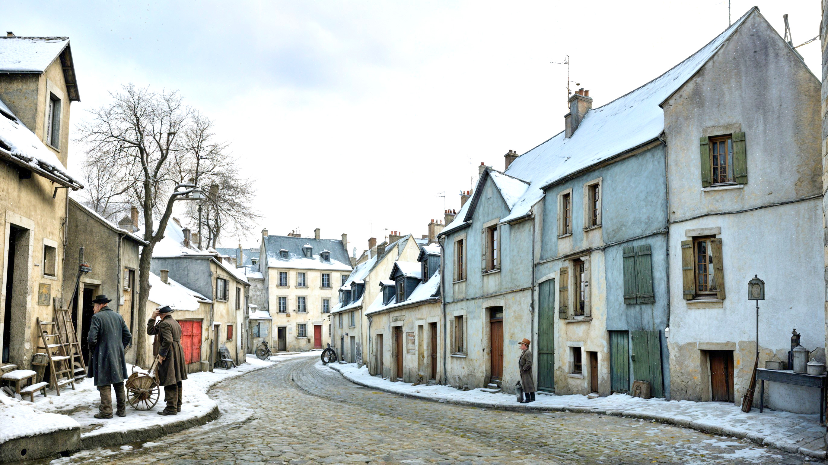 Snow-Covered Historic Village Street with Pastel Buildings
