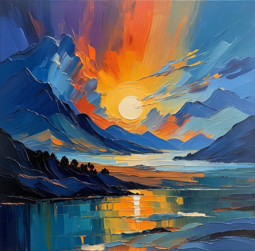 Vibrant Sunset Over Mountains and Serene Lake