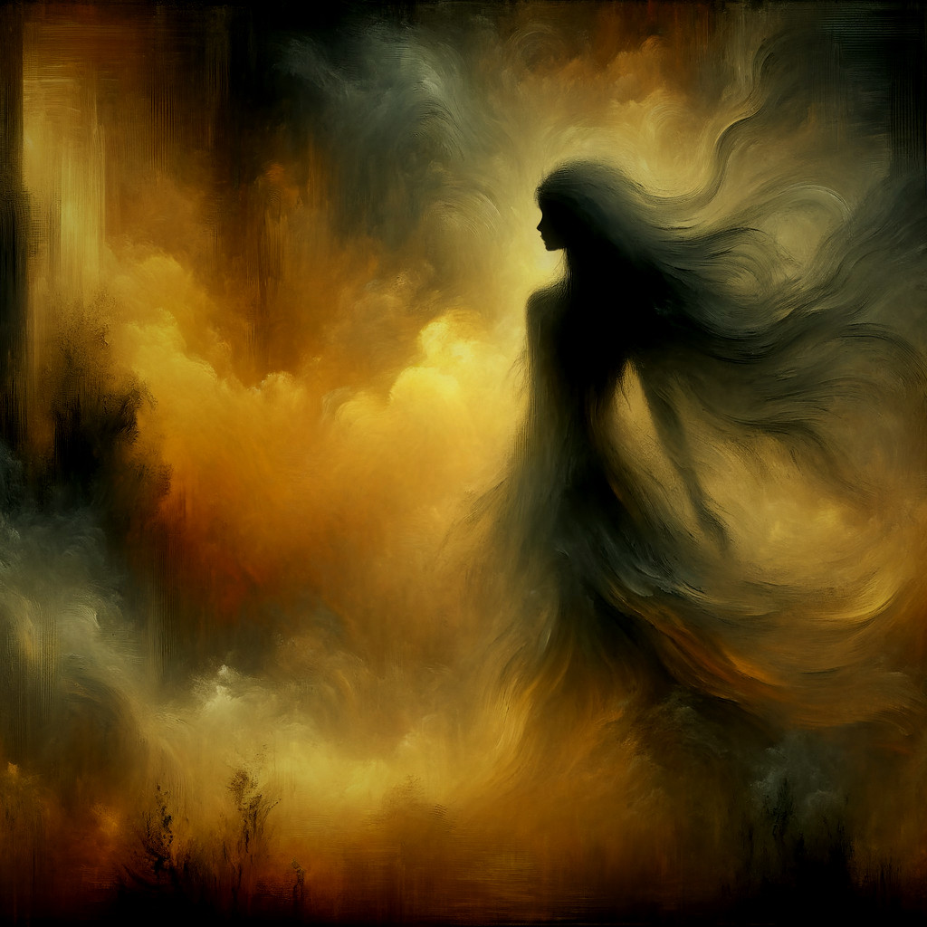 Mystical Figure in Golden and Black Swirling Background