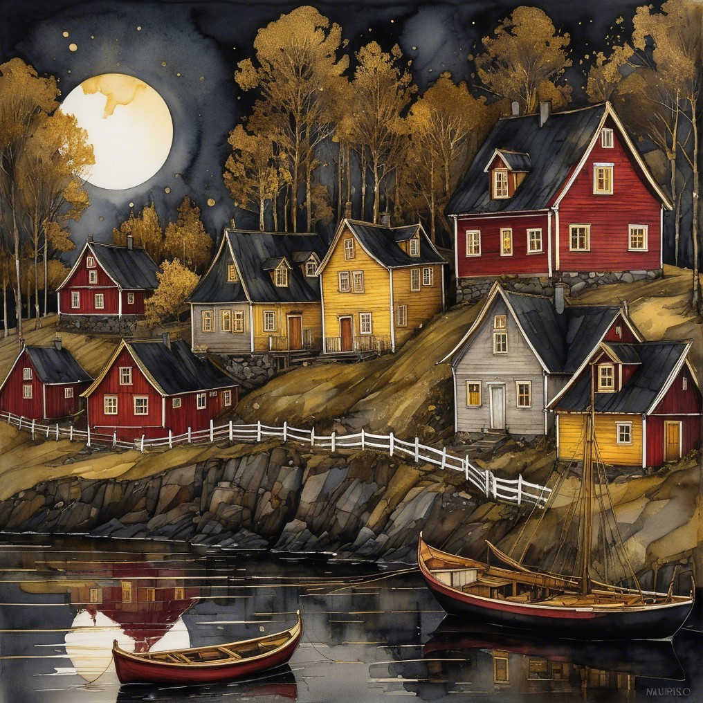 Serene Nighttime Scene with Colorful Houses and Moonlight