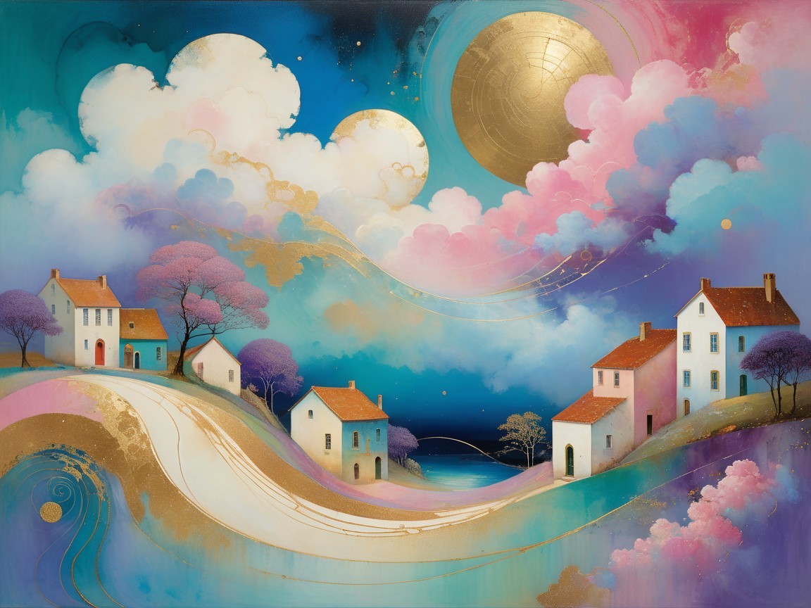 Whimsical Landscape with Charming Houses and Starry Sky