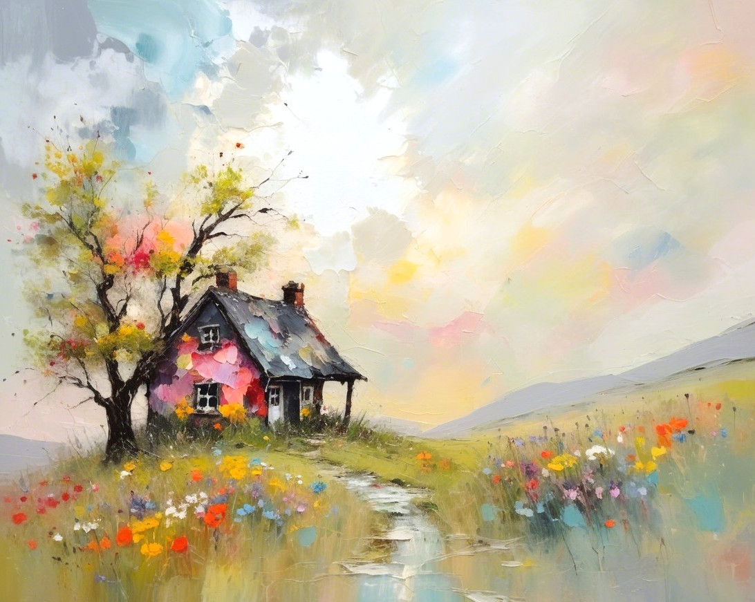 Idyllic Cottage in a Vibrant Meadow Landscape