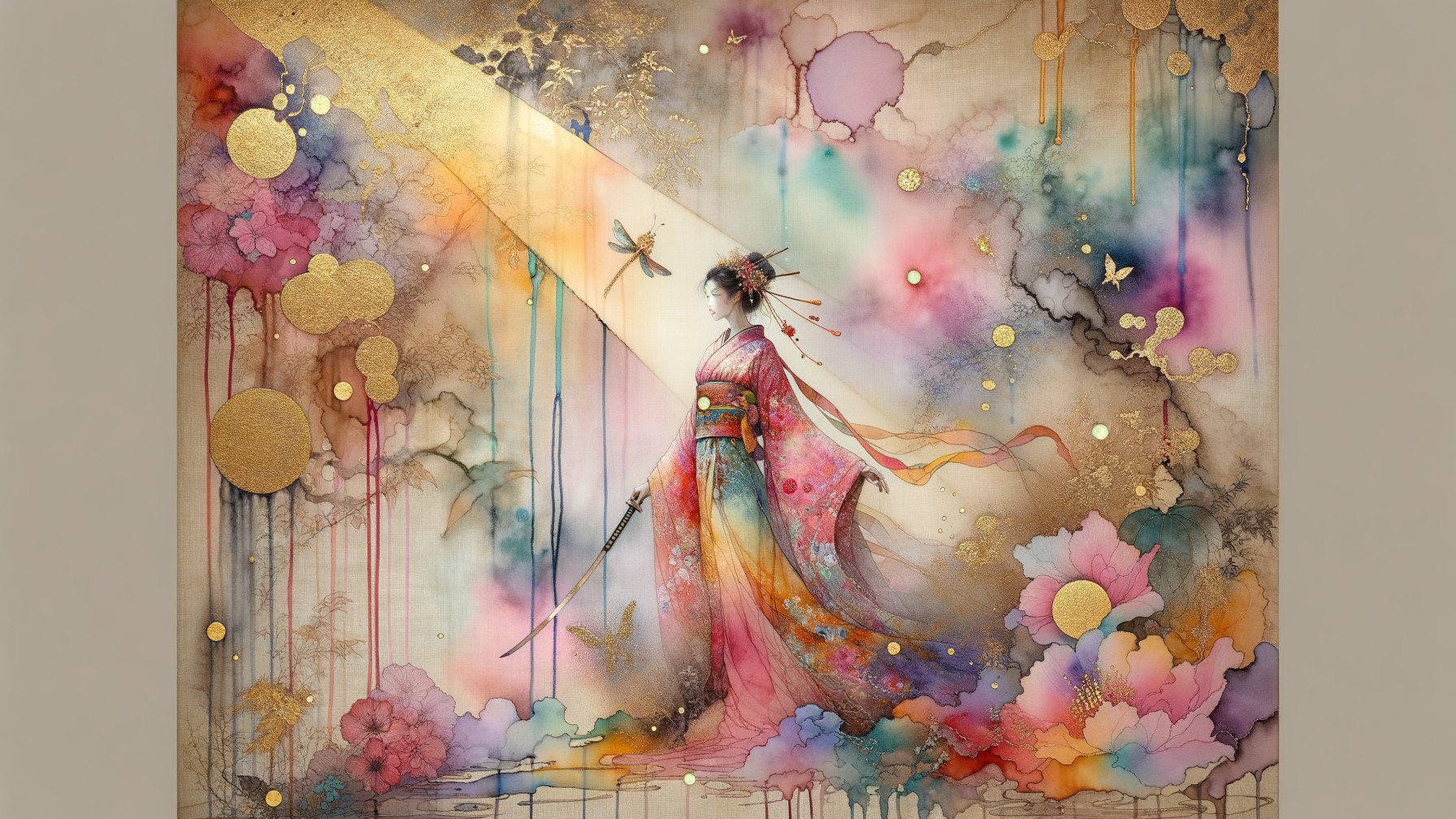 Figure in Kimono with Sword in Colorful Landscape