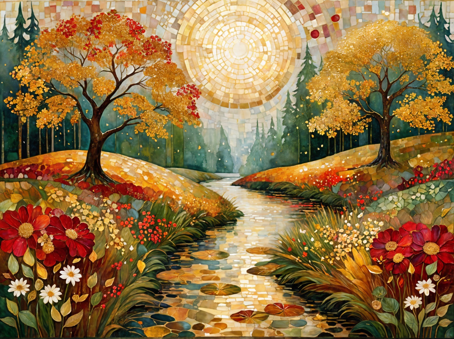 Mosaic Landscape with Autumn Trees and River Scene