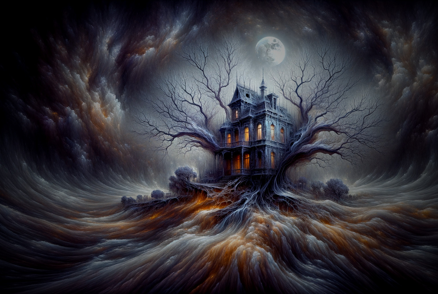 Gothic House Surrounded by Dark Tree Roots and Moonlight