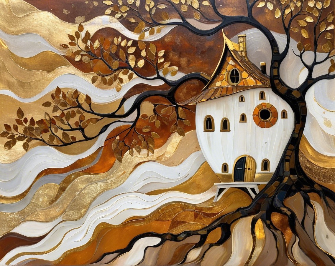 Whimsical House in a Tree with Golden Branches