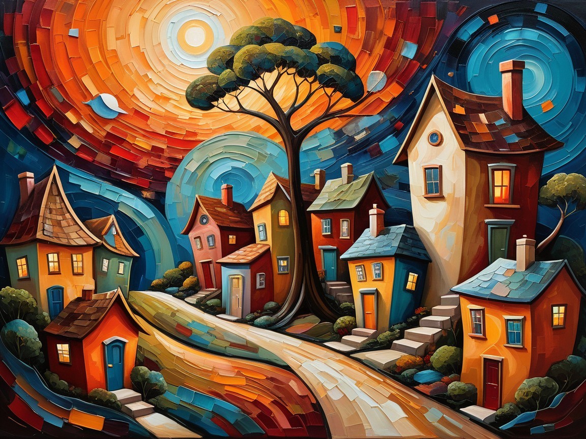 Expressionist Painting of a Whimsical Village Scene