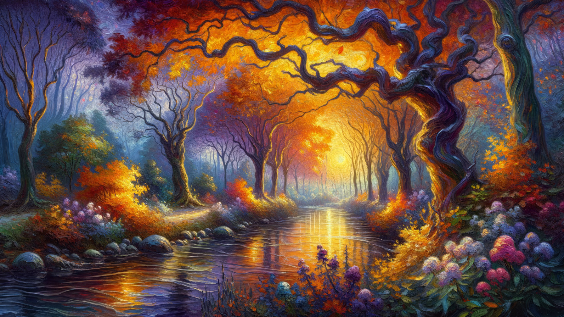 Autumn Forest Scene with Twisting Trees and Creek