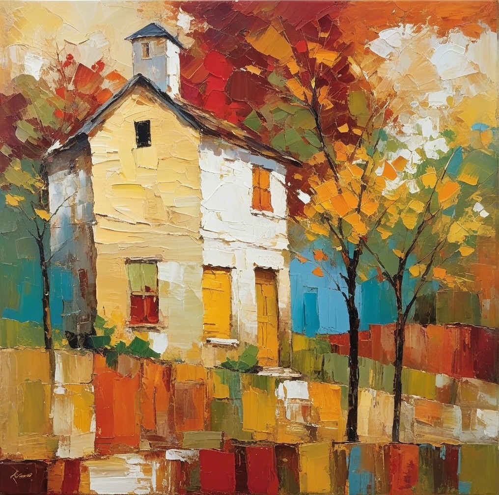 Abstract Painting of Autumn House and Trees