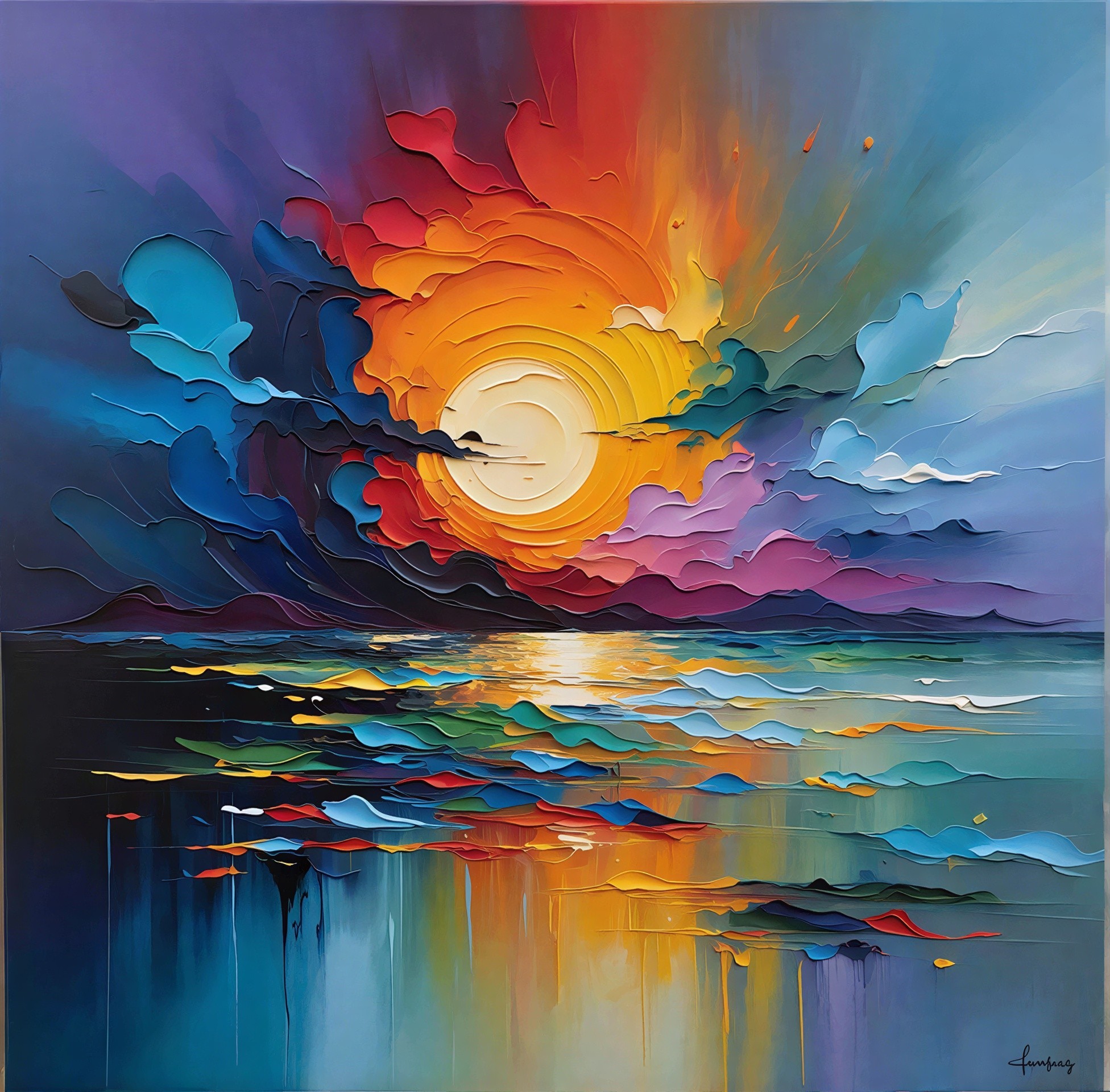 Vibrant Abstract Impasto Painting of Sunset Over Water