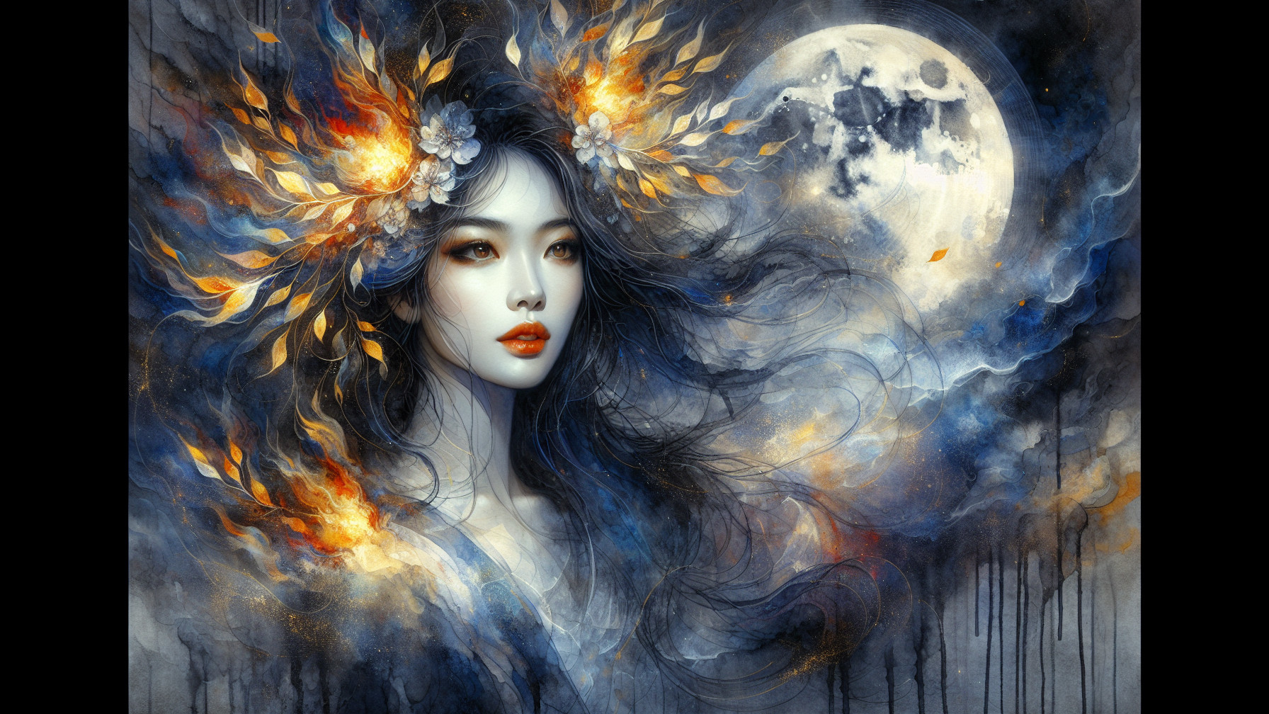 Mystical Portrait of Woman in Flames and Moonlight