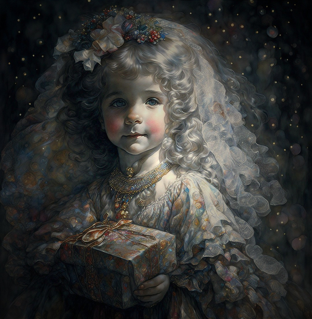 Young girl in vintage dress with floral headdress and gift