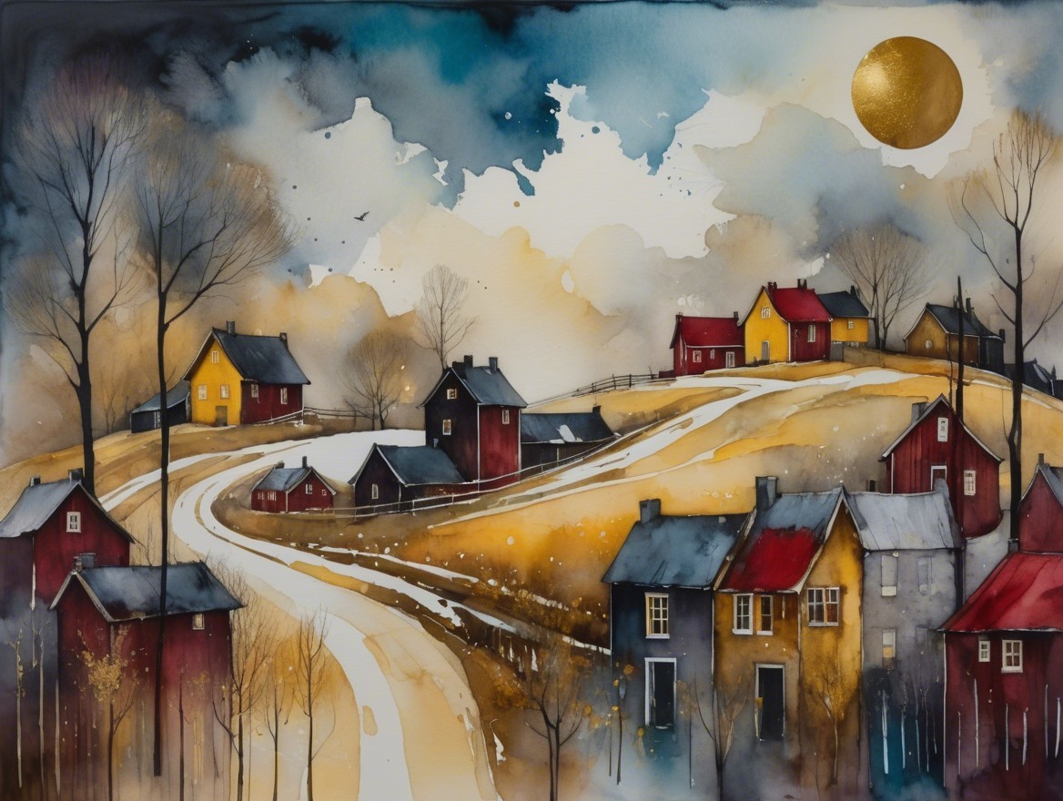 Watercolor Landscape of Rolling Hills and Quaint Houses