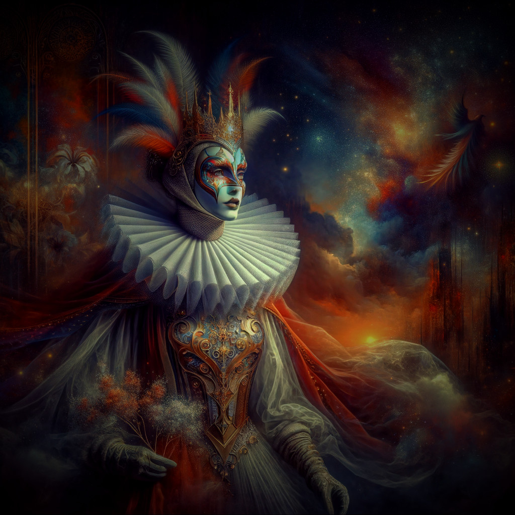 Surreal portrait of person in ornate mask and costume against cosmic backdrop