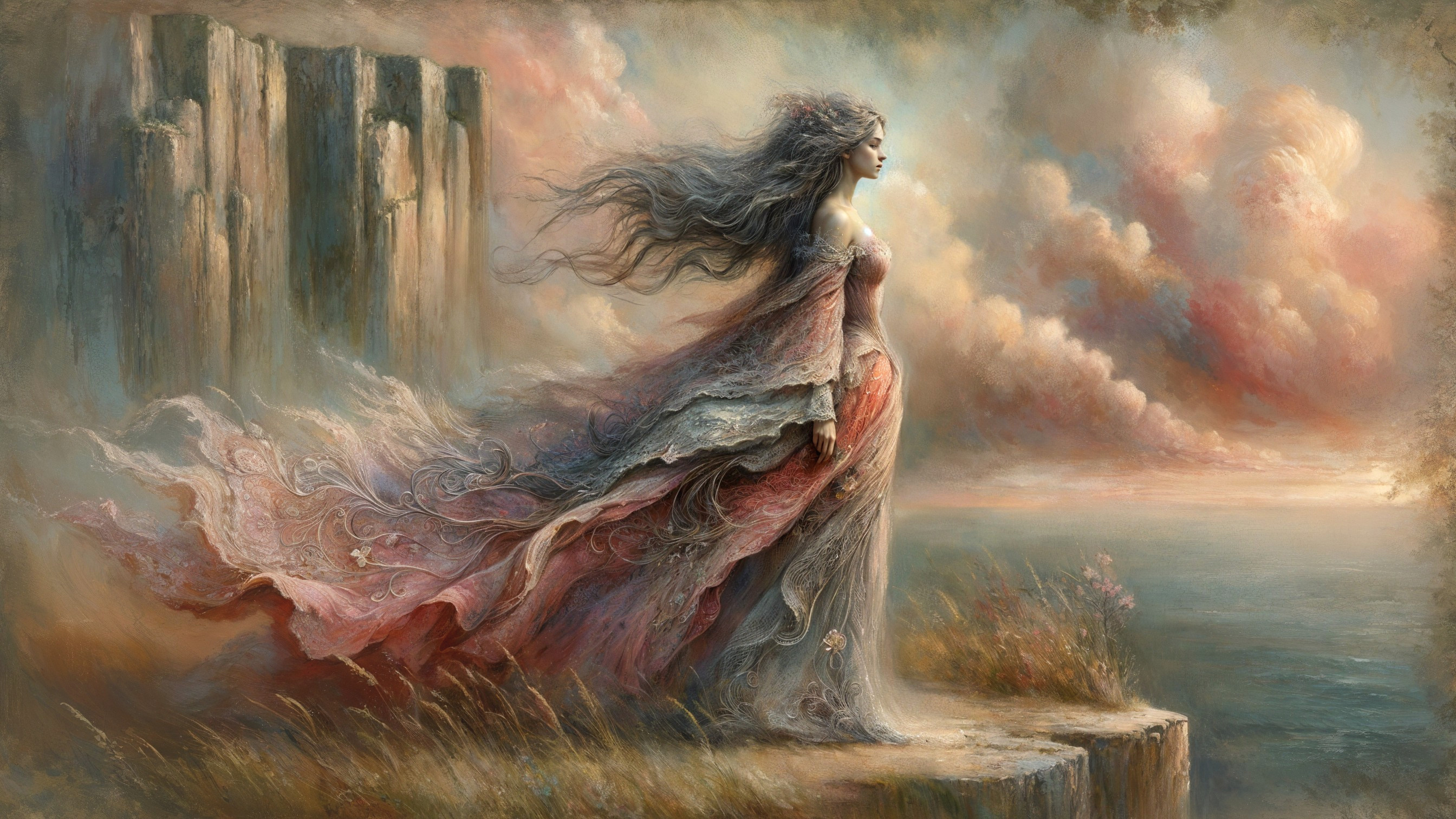 Mystical Figure on Rocky Cliff Overlooking Tranquil Sea