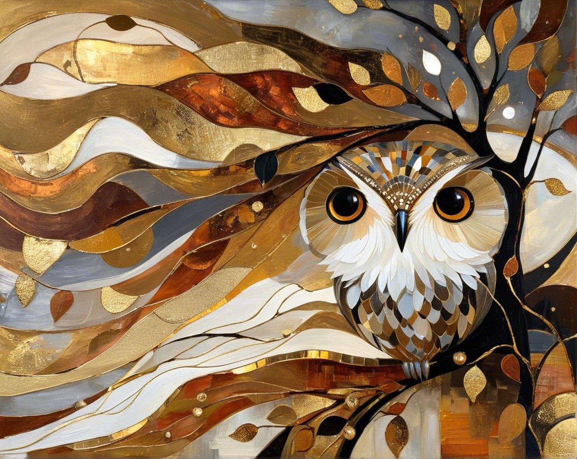 Stylized Owl Among Swirling Autumn Leaves Artwork