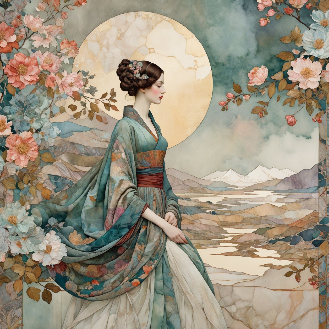 Serene Woman in Floral Kimono with Moonlit Mountains