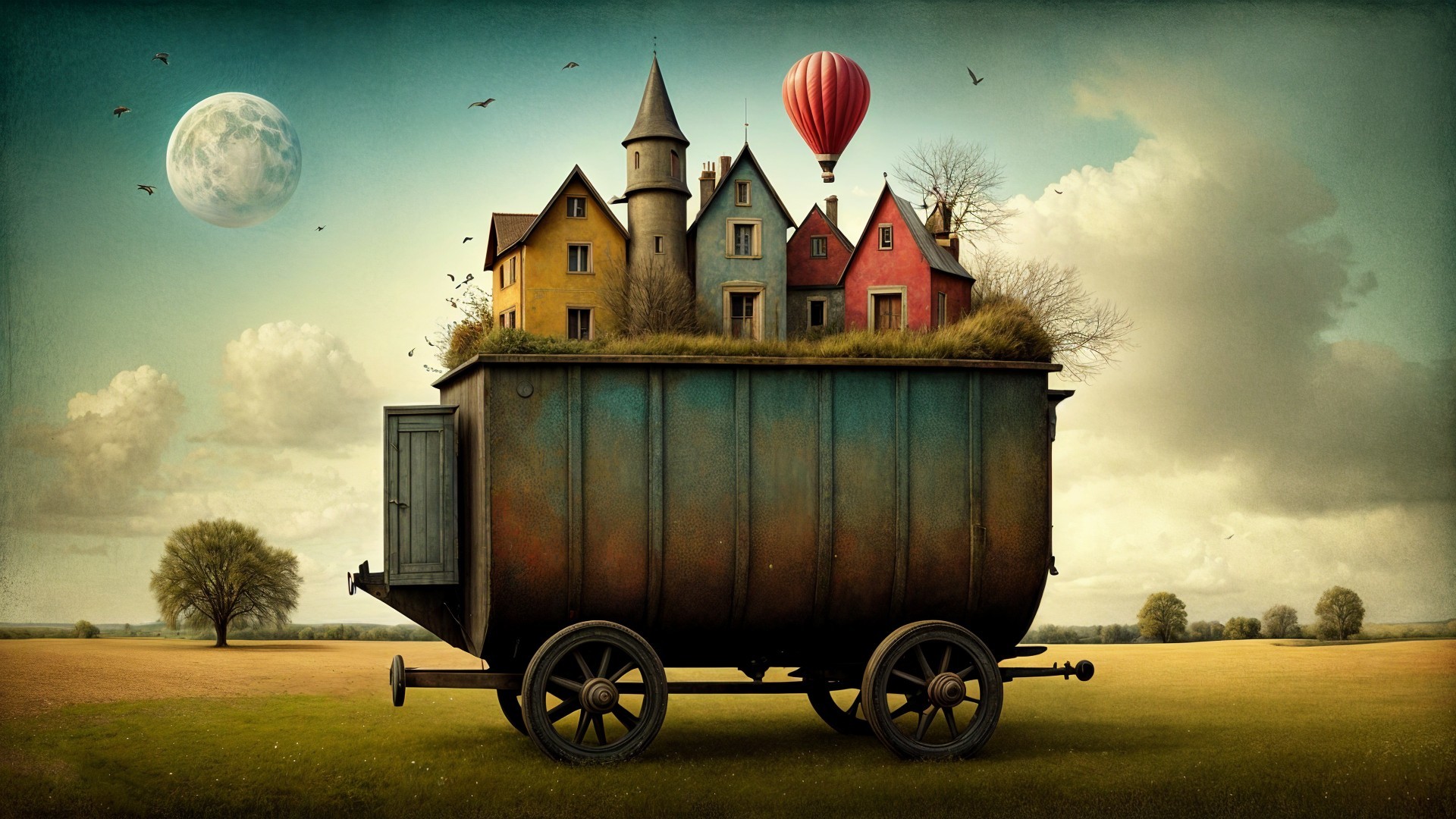 Whimsical Landscape with Houses, Balloon, and Birds