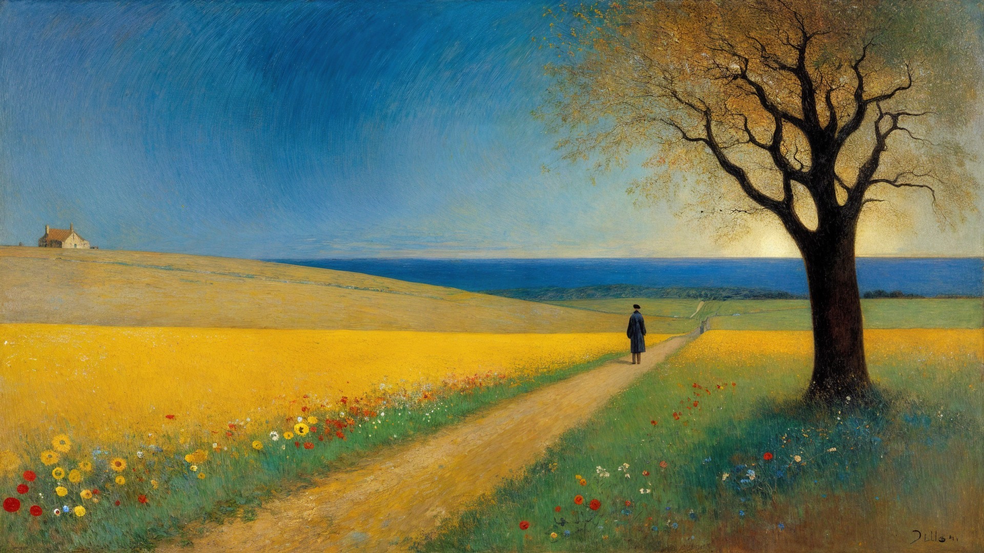 Serene Landscape with Path, Sea, and Vibrant Sky