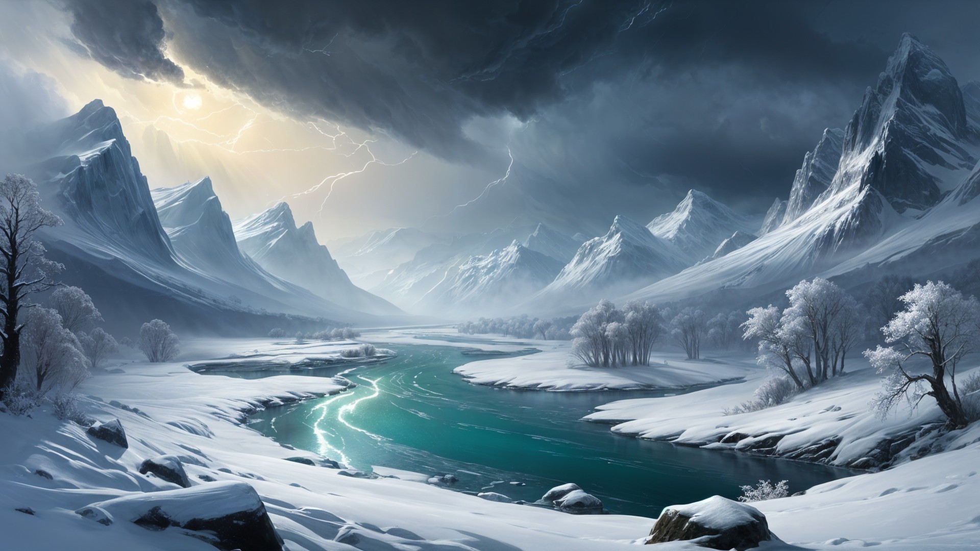 Winter Landscape with Snow-Capped Mountains and River