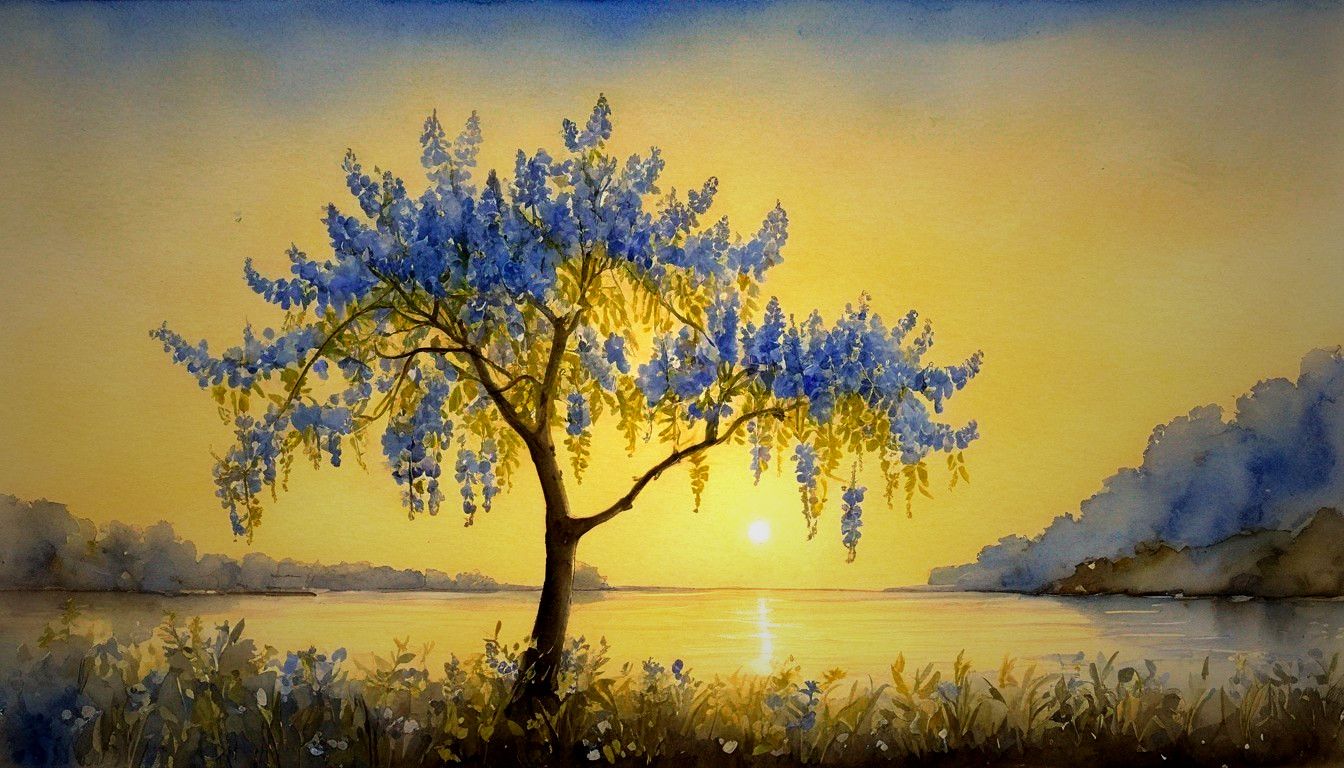Watercolor Scene of Silhouetted Tree with Blue Flowers