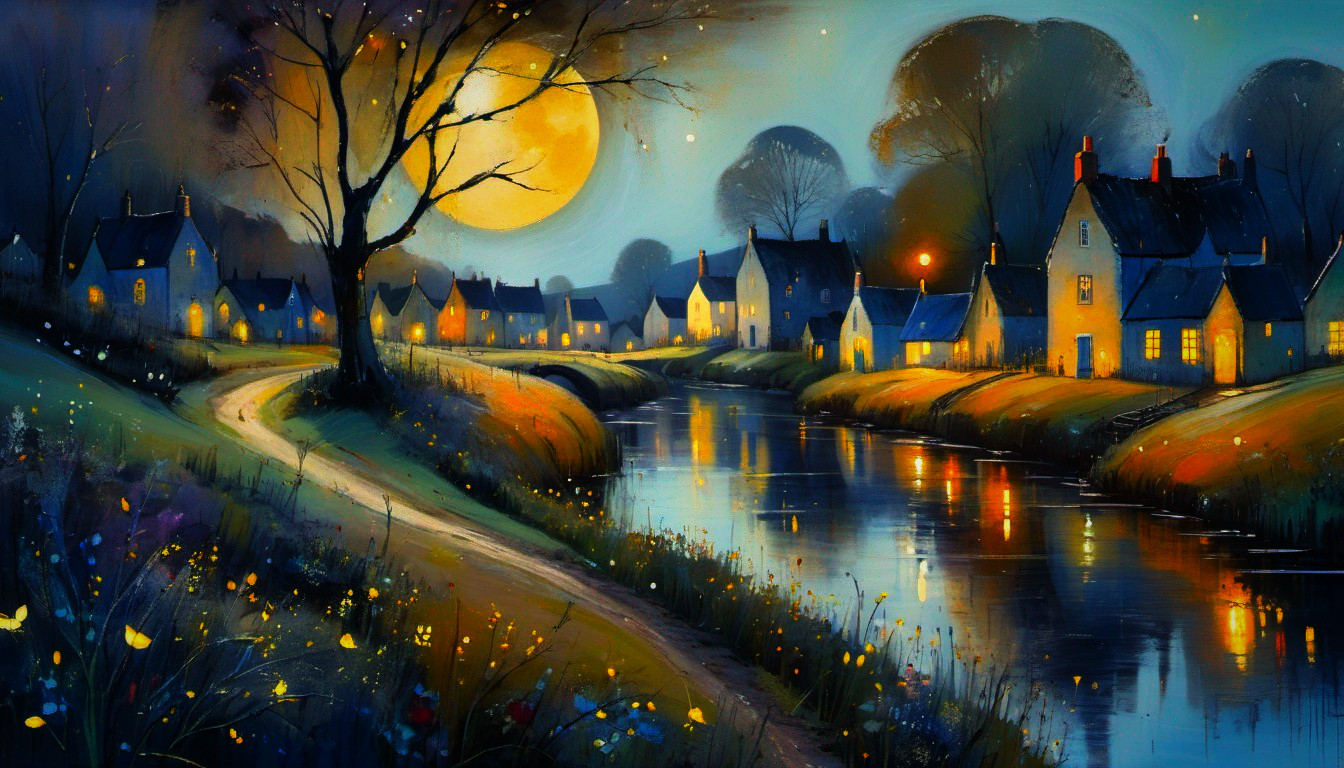 Moonlit River Village: A Nighttime Masterpiece