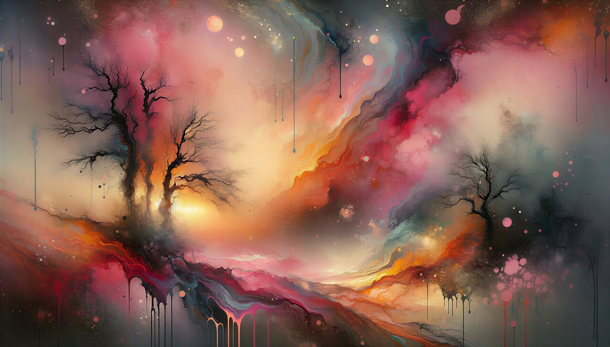 Abstract Painting of Silhouetted Trees in Vibrant Sky