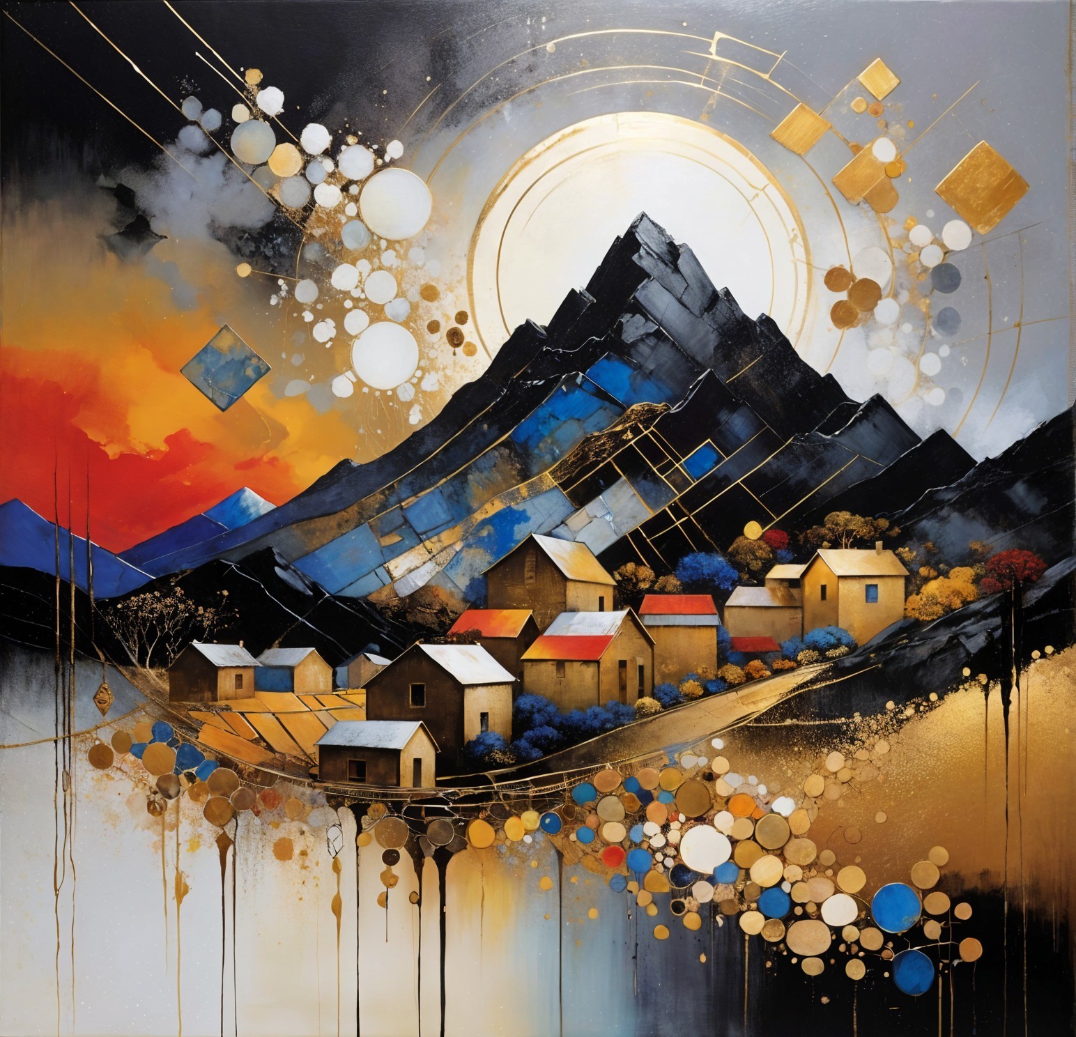 Abstract Landscape with Mountains and Colorful Houses