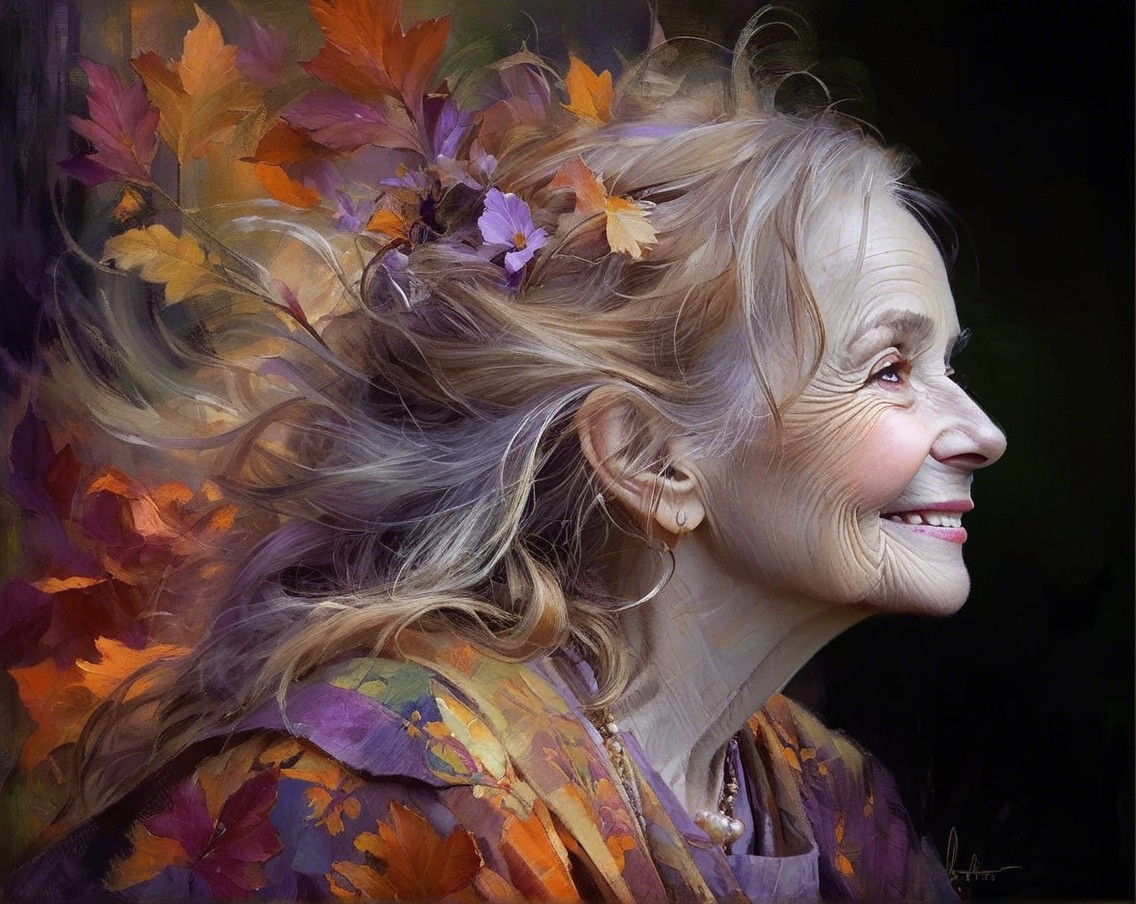 Elderly Woman with Autumn Leaves in Her Hair