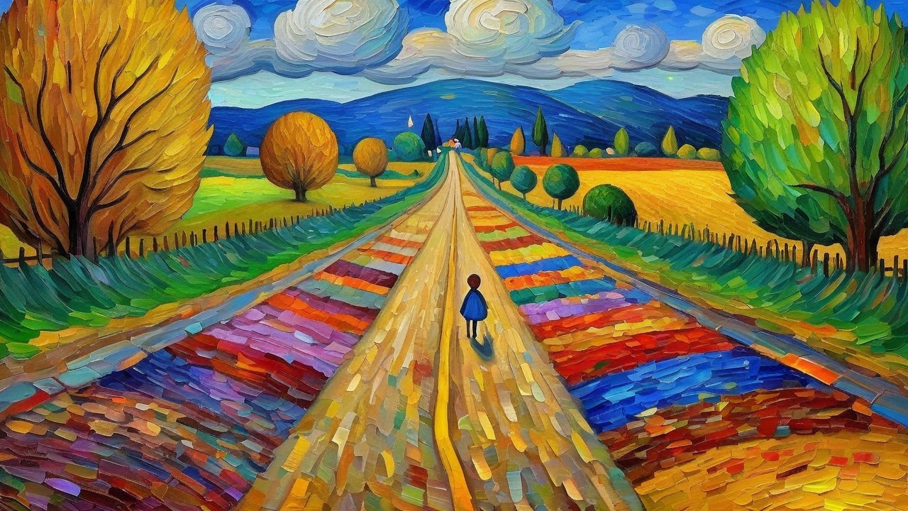 Vibrant Landscape with Winding Road and Colorful Flora