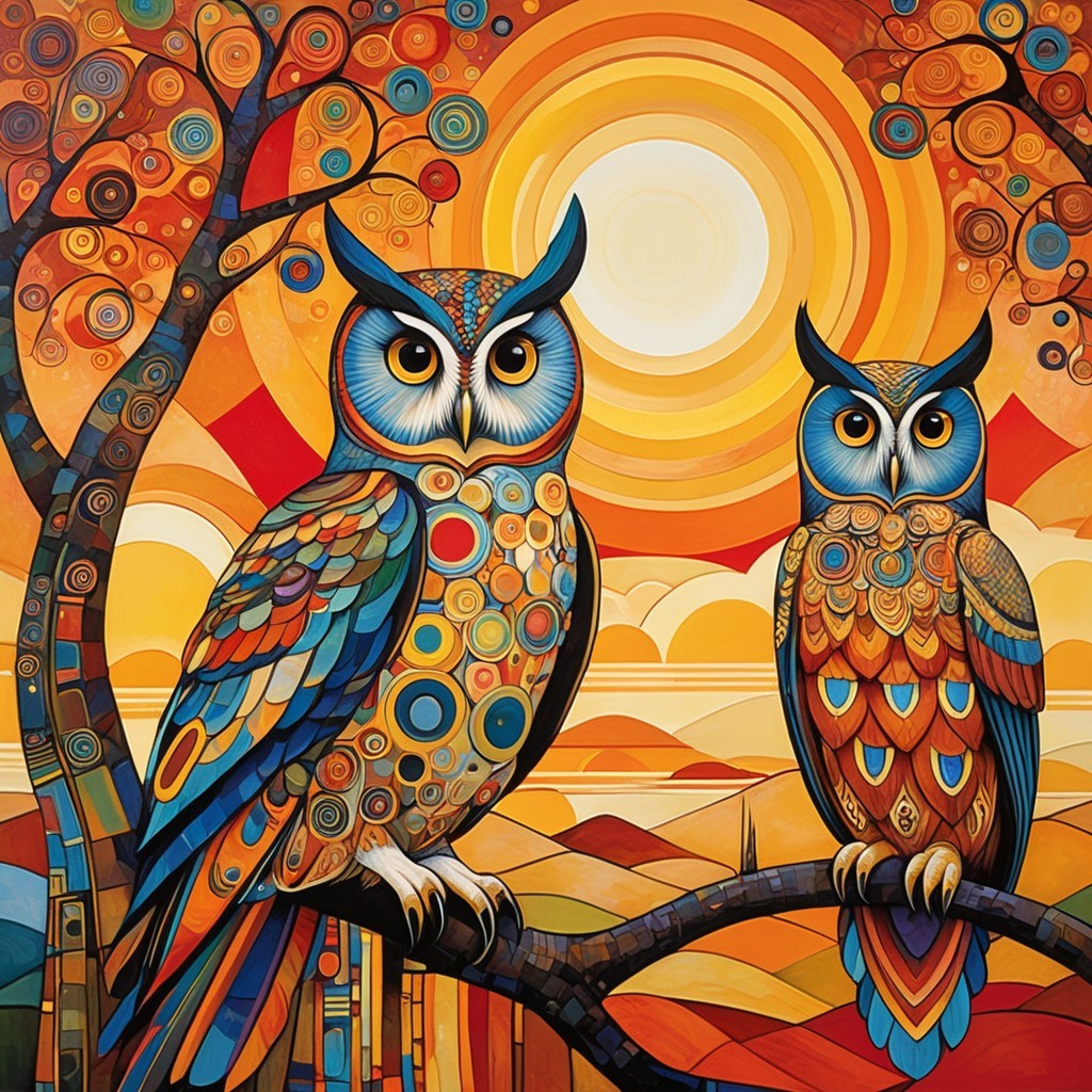 Colorful Artwork of Two Owls on a Branch