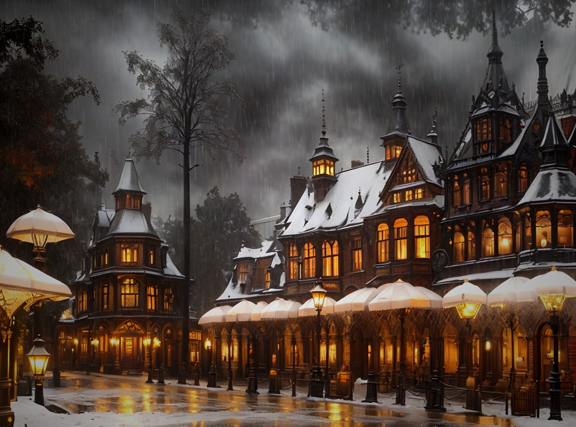 Victorian Building with Snow and Warm Lights at Night