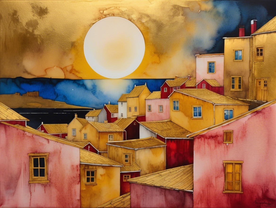 Vibrant Watercolor of Cozy Houses on a Hillside