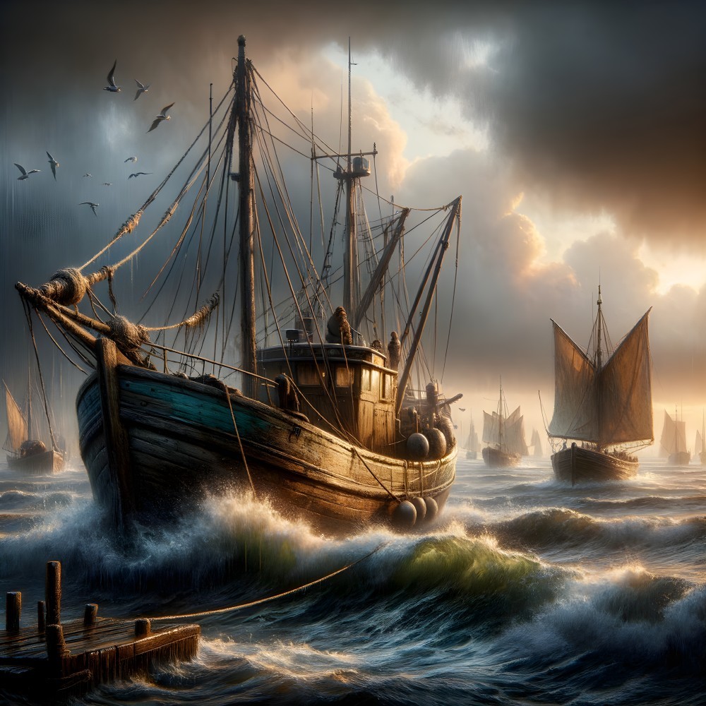 Dramatic Fishing Boat Scene Amidst Turbulent Waves