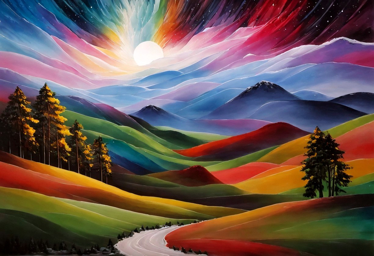 Colorful landscape painting with rolling hills, winding road, trees, mountains, and starry sky.