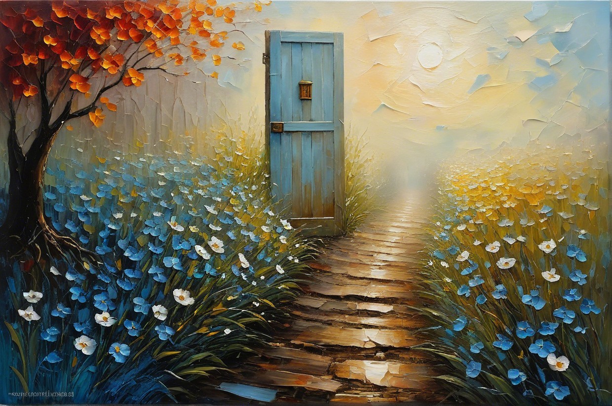 Serene Landscape with Winding Path and Blue Door