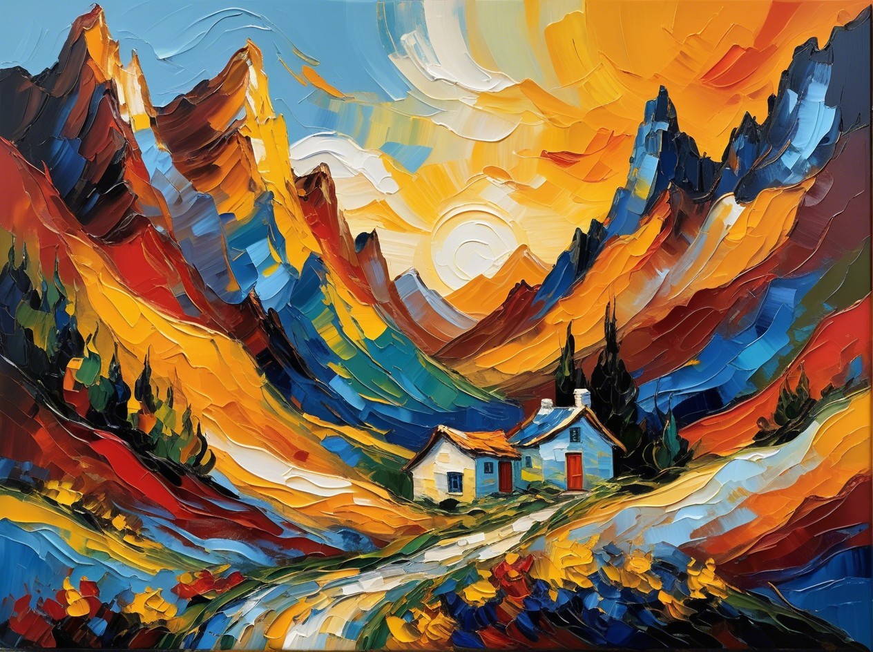 Vivid Impasto Oil Painting of Colorful Mountain Landscape