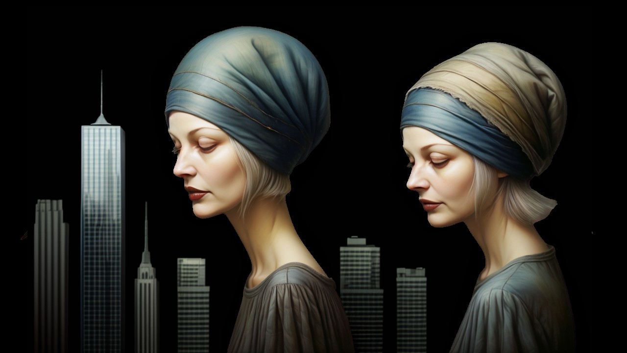 Stylized Women in Profile with Urban Skyline Background