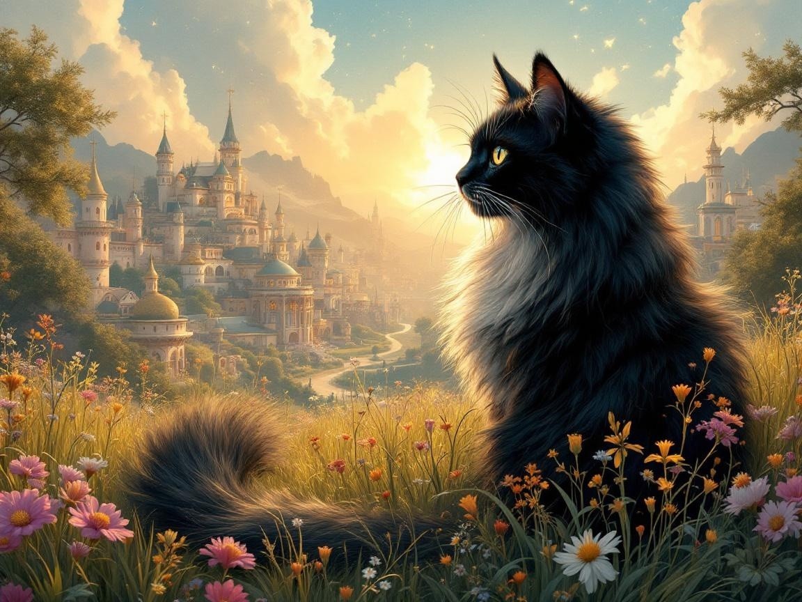 Majestic black cat in a colorful wildflower field