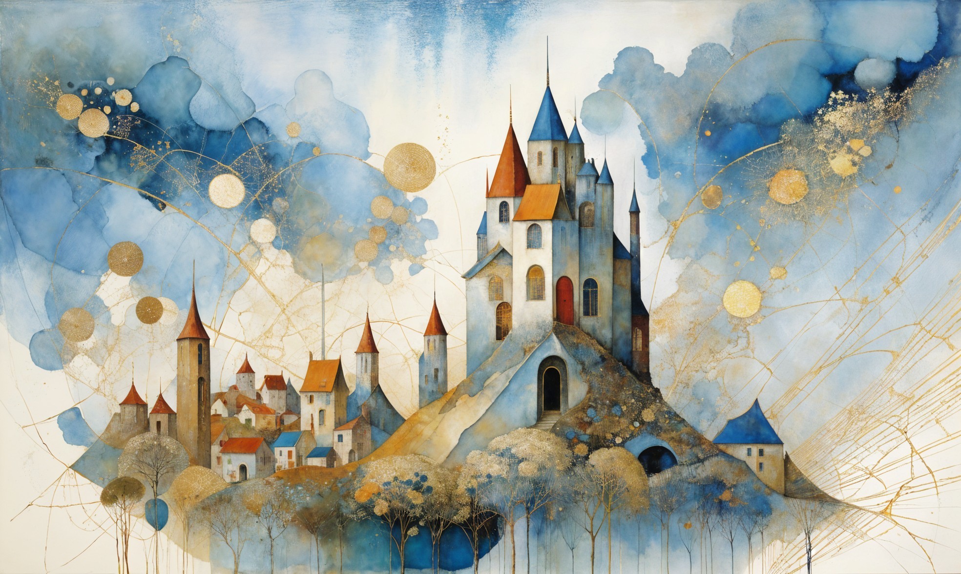 Whimsical Castle in Dreamy Landscape with Abstract Trees