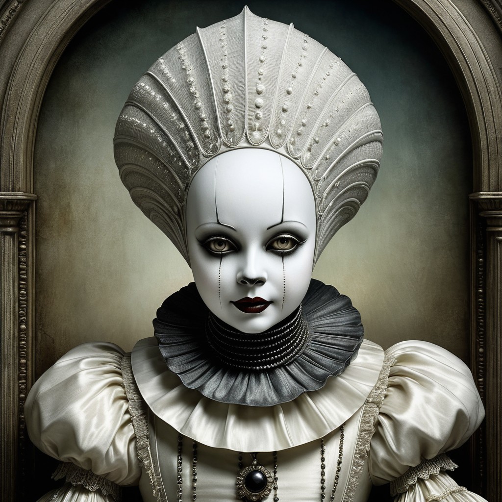 Porcelain Doll Figure with Intricate Headdress and Collar