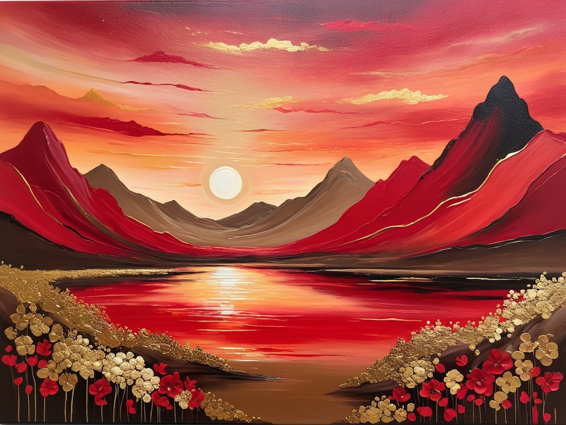 Vibrant Sunset Over Tranquil Landscape and Lake